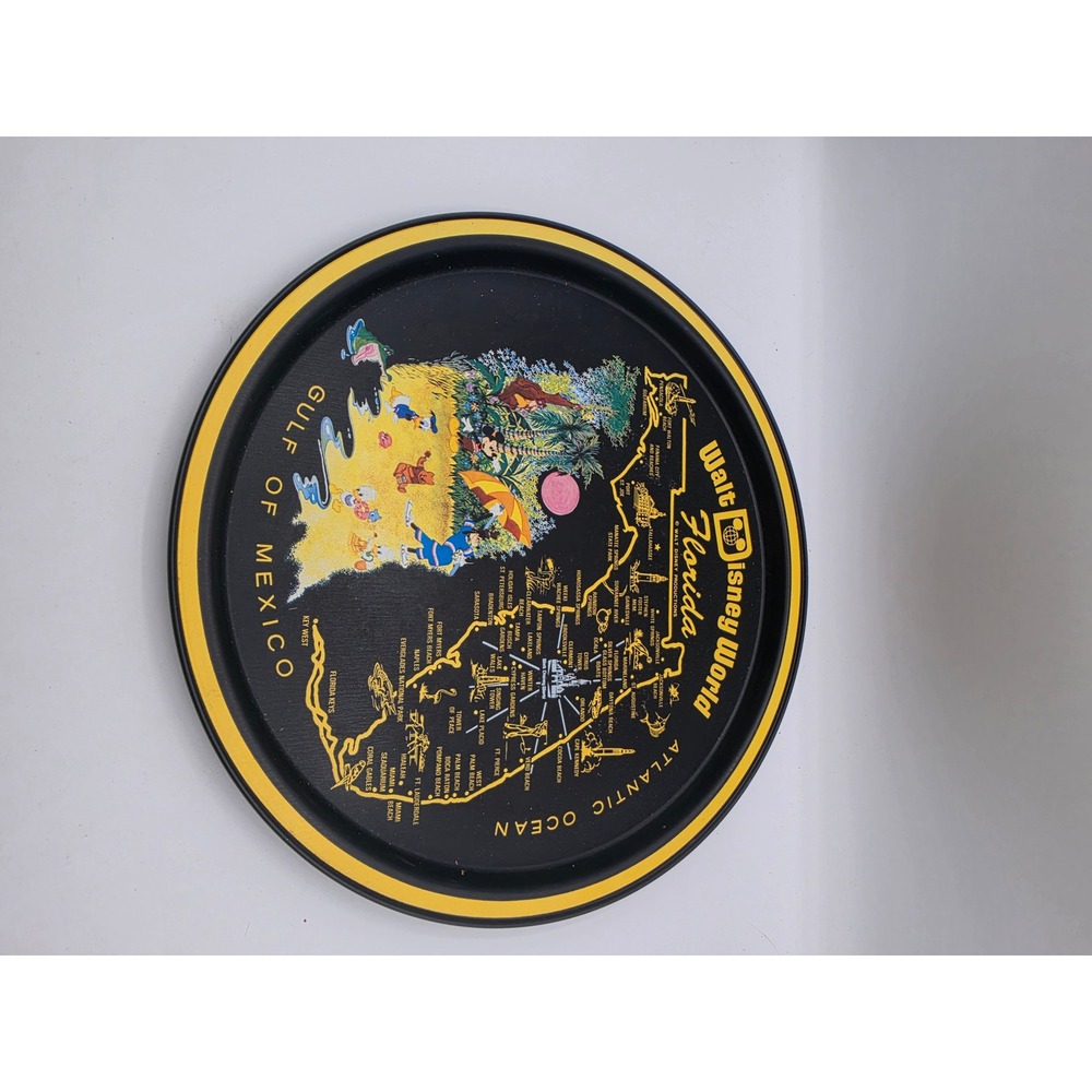 Vintage Walt Disney World Florida Map Metal Souvenir Tray Mickey Mouse Tin 11in